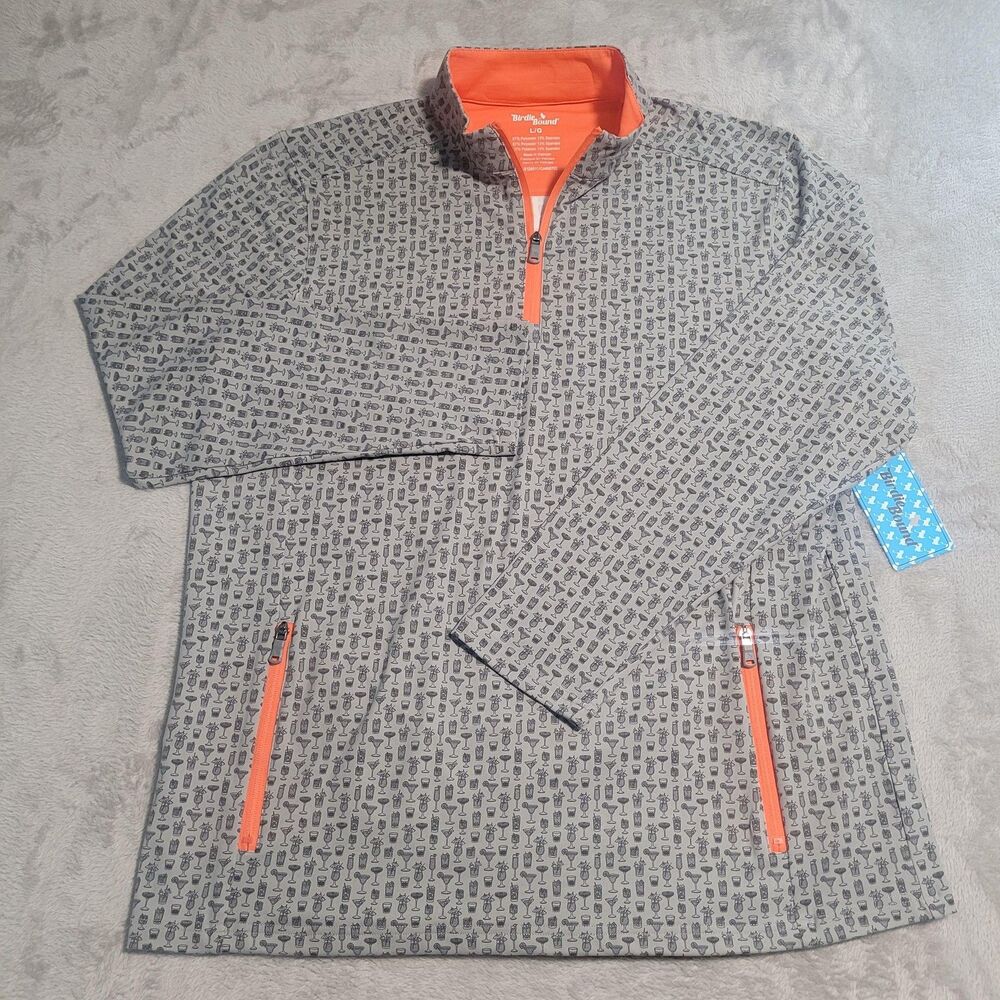 Birdie Bound Golf Pullover Jacket Mens Large Gray 1/4 Zip Cocktail Print Pockets - Picture 6 of 10